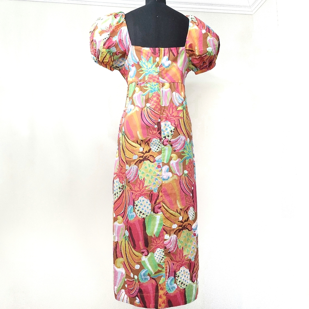 Farm Rio Fruit Salad Pastel Maxamilist Puff Sleeve Fruit Hearts Print Maxi Dress - Picture 13 of 14